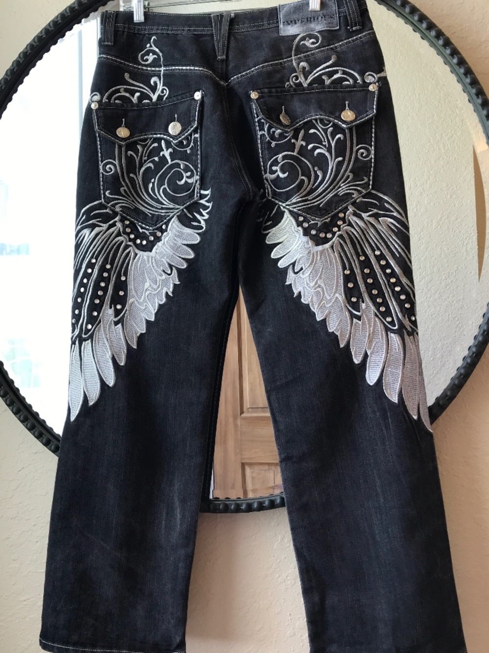 CYBER Y2K MCBLING EMBROIDERED WING CRYSTAL STUD BLACK WASH ROBIN’S JEANS